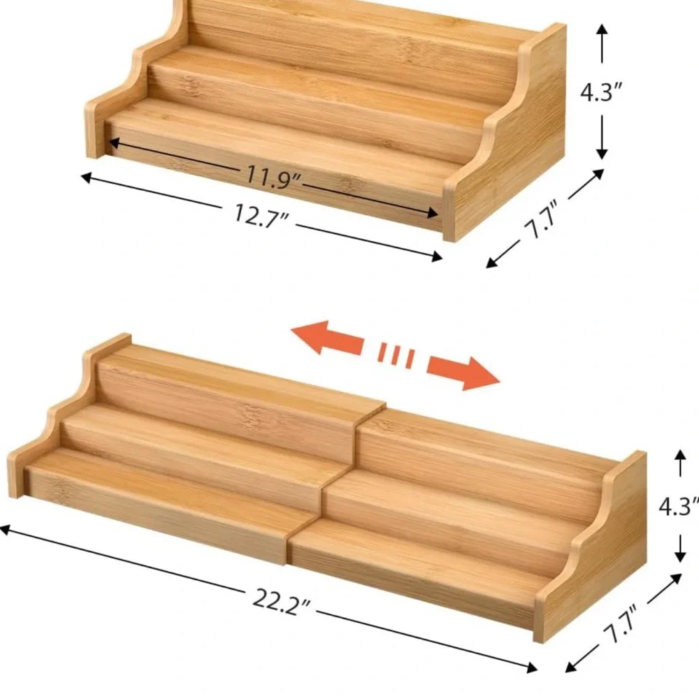 Spice Rack Kitchen Cabinet Organizer- 3 Tier Bamboo Expandable Display Shelf